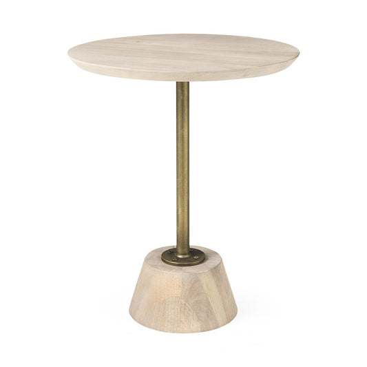 24" Natural And Gold Solid Wood And Iron Round Pedestal End Table