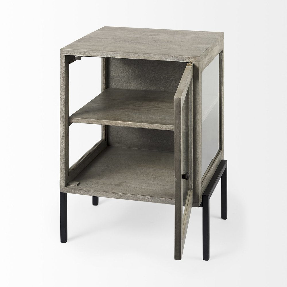 20" Dark Gray And Black Solid Wood And Iron Display Cabinet With Single Door