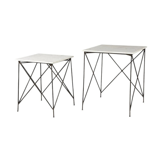 Set of Two White and Black Marble and Metal Square Nested Tables