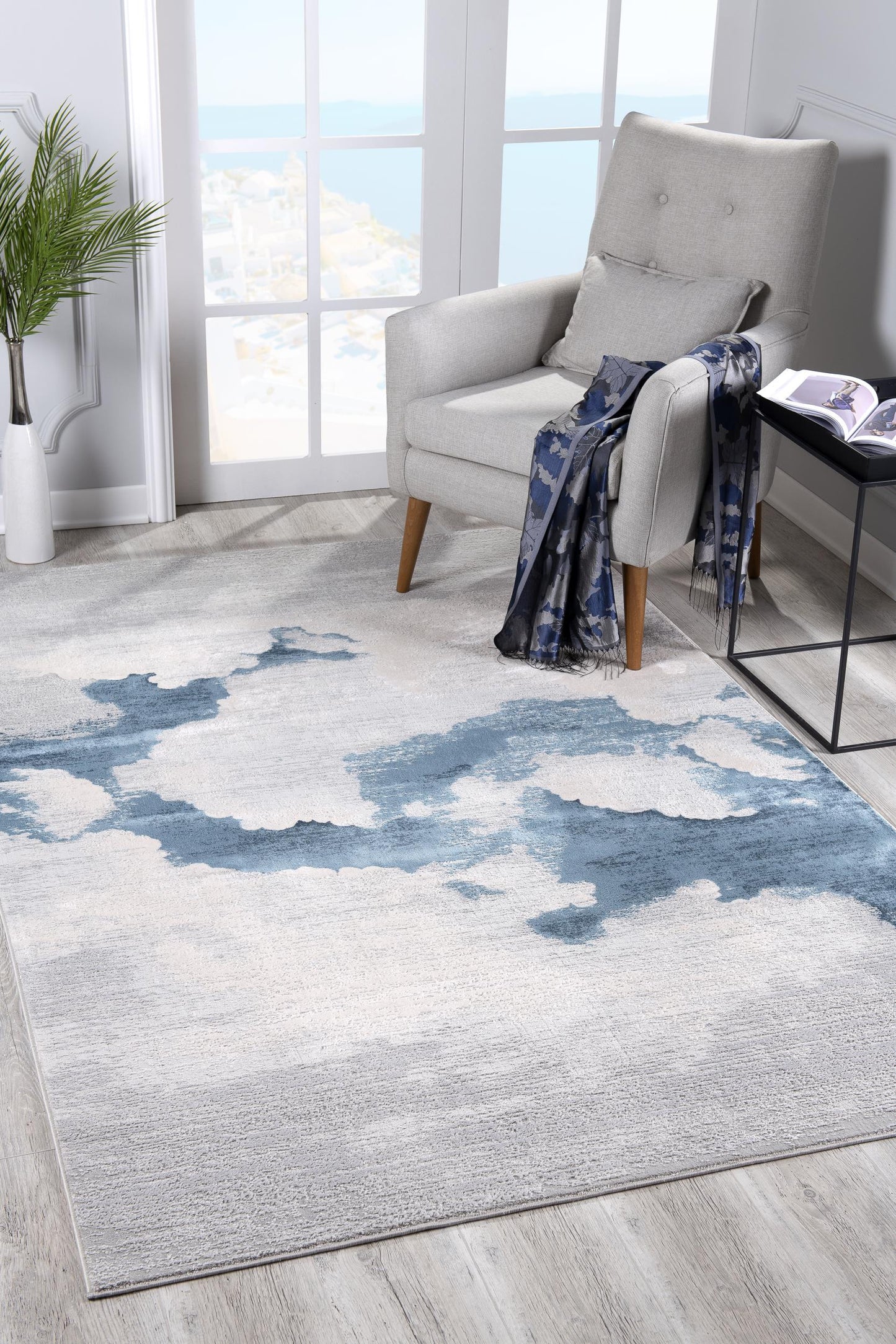 5' x 7' Gray and Blue Abstract Area Rug