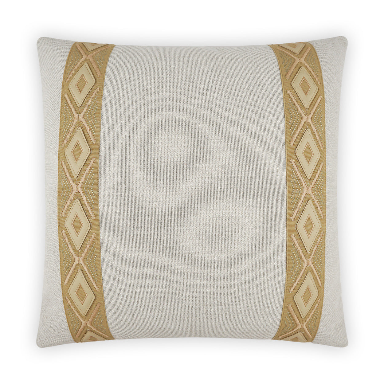 Beige textured cushion with two vertical gold diamond-pattern bands along edges.