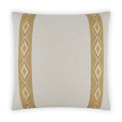 Beige textured cushion with two vertical gold diamond-pattern bands along edges.