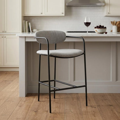 27" Gray And Black Upholstered And Metal Counter Height Bar Chair