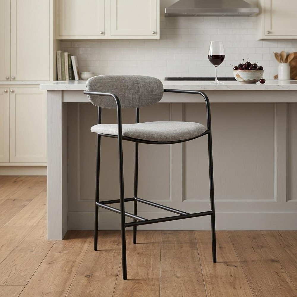 27" Gray And Black Fabric And Metal Counter Height Bar Chair