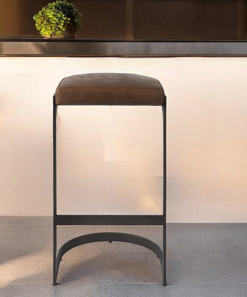 35" Black Leather and Metal Backless Bar Chair