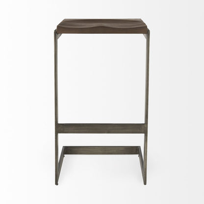 30" Wood Brown And Gray Solid Wood And Metal Backless Bar Height Bar Chair