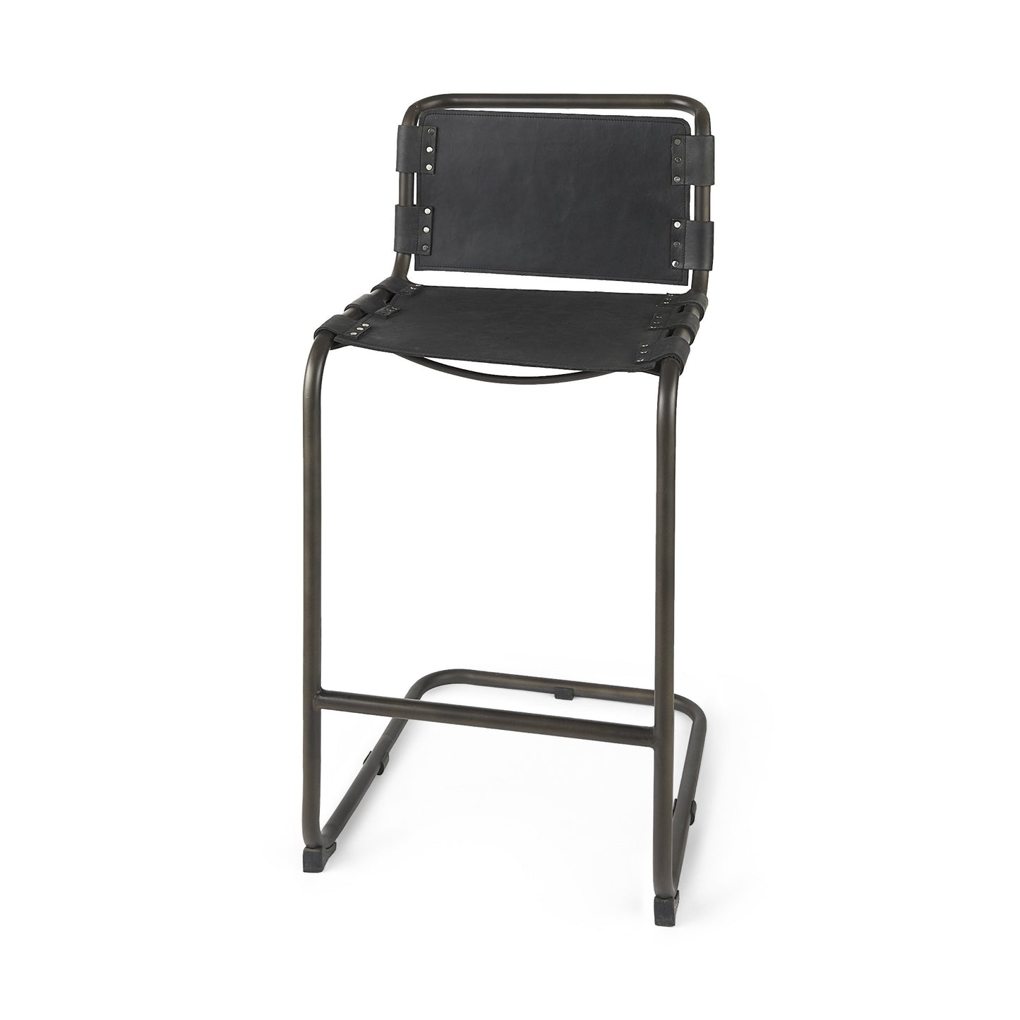 30" Black And Gunmetal Gray Leather And Iron Bar Height Bar Chair