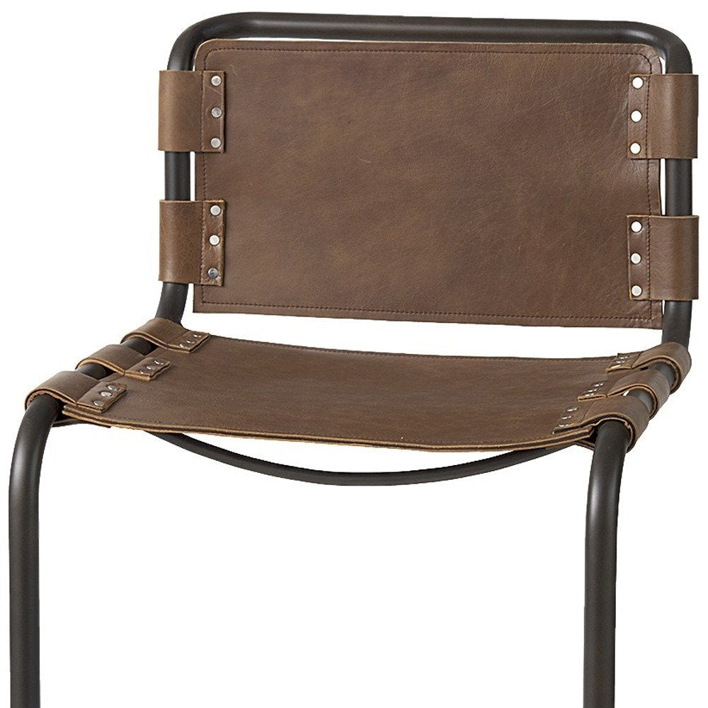 35" Brown And Black Leather And Metal Bar Height Bar Chair