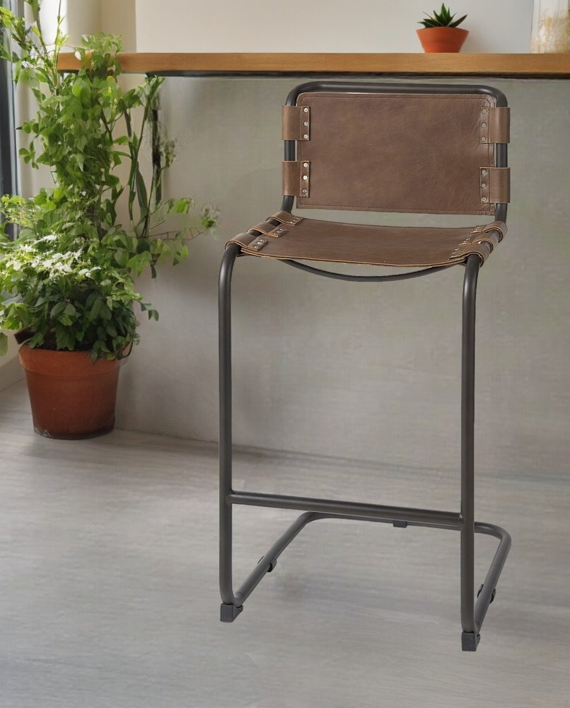 35" Brown and Black Leather and Metal Bar Chair