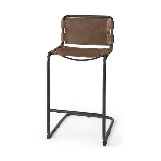 35" Brown And Black Leather And Metal Bar Height Bar Chair