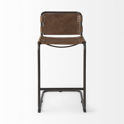 35" Brown and Black Leather and Metal Bar Chair