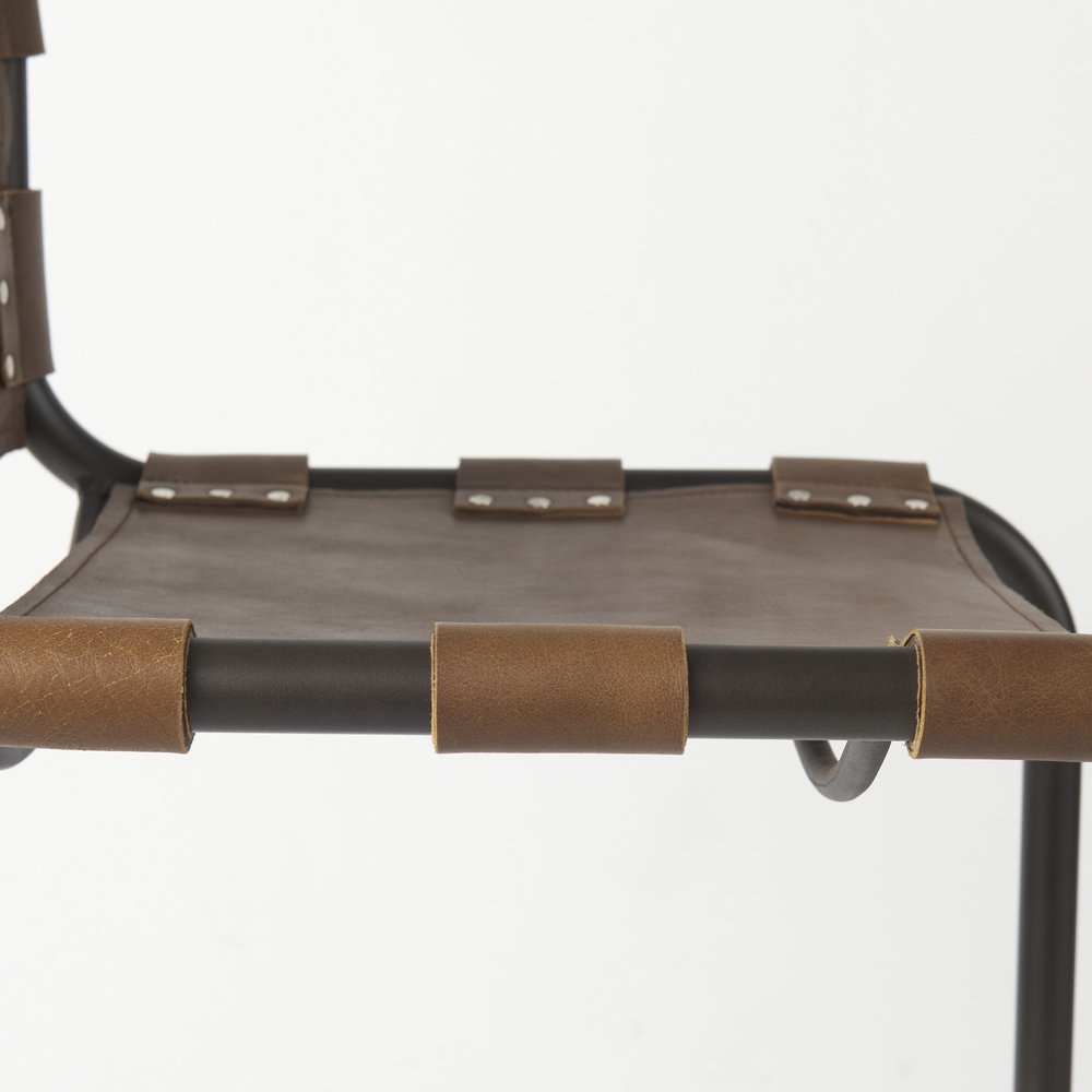 35" Brown And Black Leather And Metal Bar Height Bar Chair