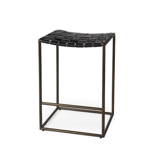 29" Black And Bronze Leather And Metal Backless Counter Height Bar Chair