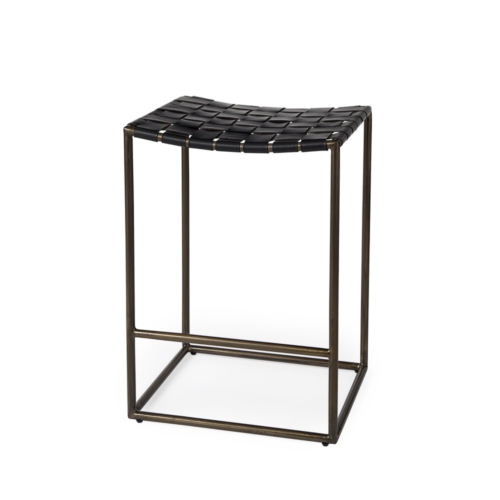 29" Black And Bronze Leather And Metal Backless Counter Height Bar Chair
