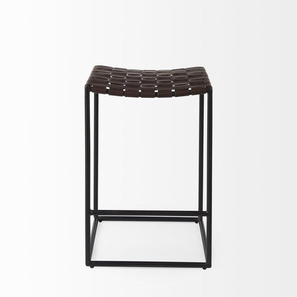 26" Brown And Black Leather And Iron Backless Counter Height Bar Chair