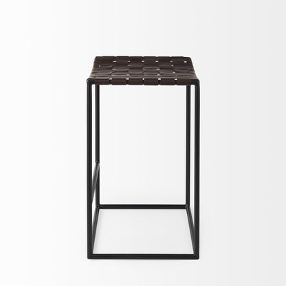 26" Brown And Black Leather And Iron Backless Counter Height Bar Chair