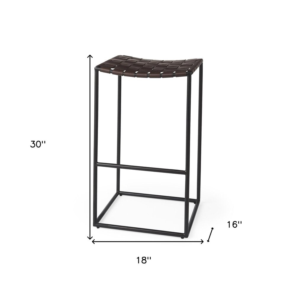 30" Brown And Black Leather And Iron Backless Bar Height Bar Chair