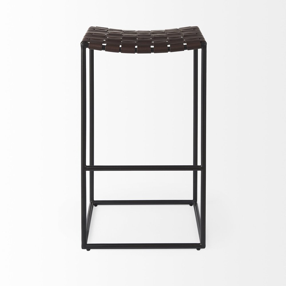 30" Brown And Black Leather And Iron Backless Bar Height Bar Chair
