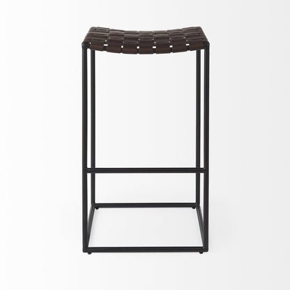 30" Brown And Black Leather And Iron Backless Bar Height Bar Chair