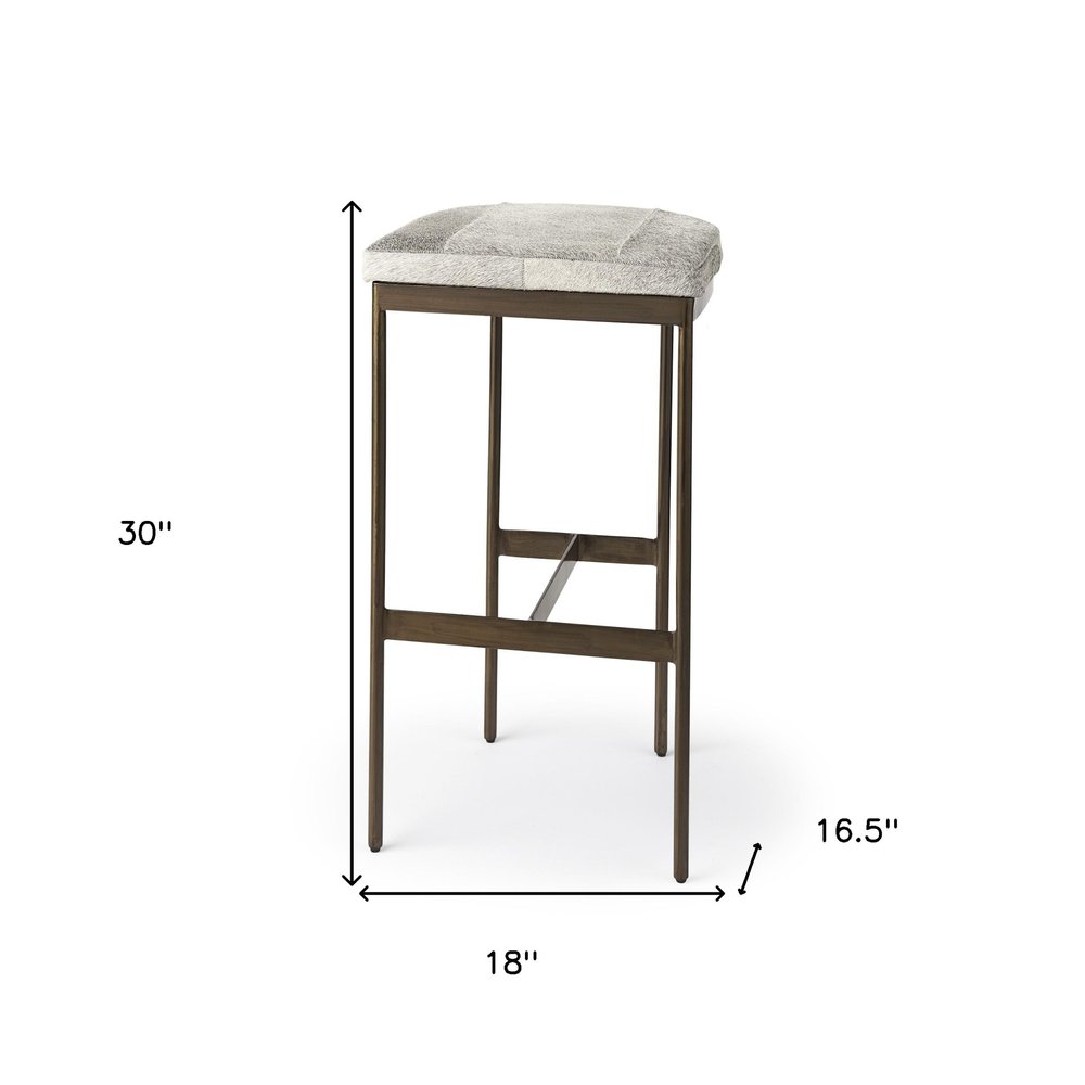 35" Gray And Gold Leather And Hair on Hide Leather And Metal Backless Counter Height Bar Chair
