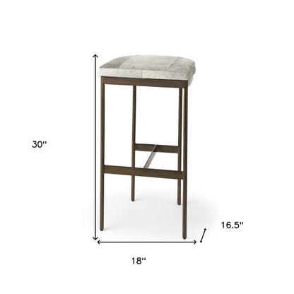 35" Gray And Gold Leather And Hair on Hide Leather And Metal Backless Counter Height Bar Chair
