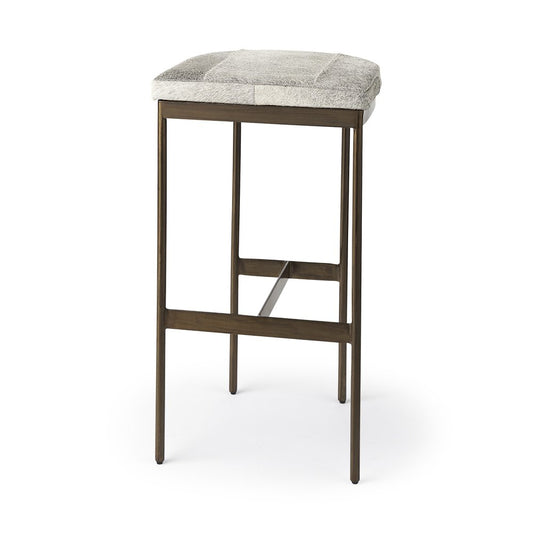 35" Gray And Gold Leather And Hair on Hide Leather And Metal Backless Counter Height Bar Chair