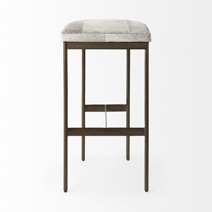 35" Gray And Gold Leather And Hair on Hide Leather And Metal Backless Counter Height Bar Chair