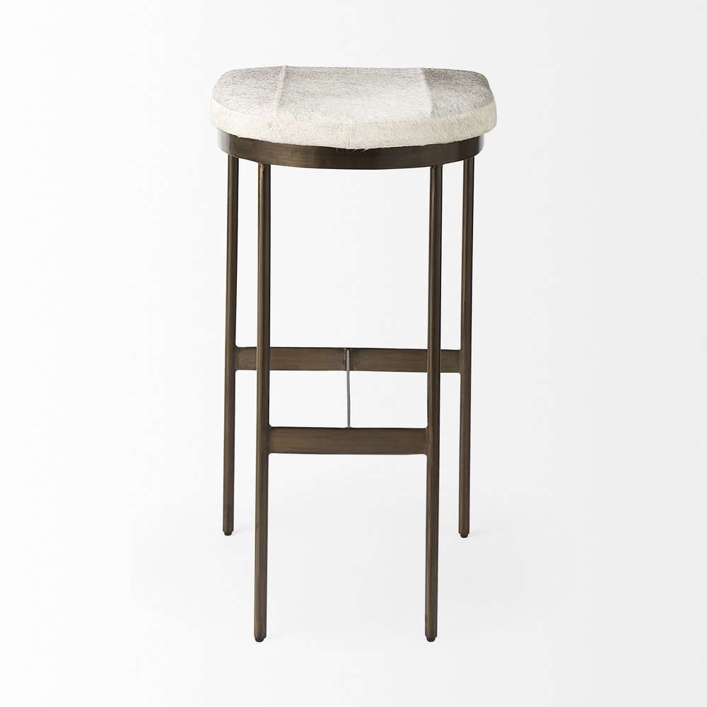 35" Gray And Gold Leather And Hair on Hide Leather And Metal Backless Counter Height Bar Chair