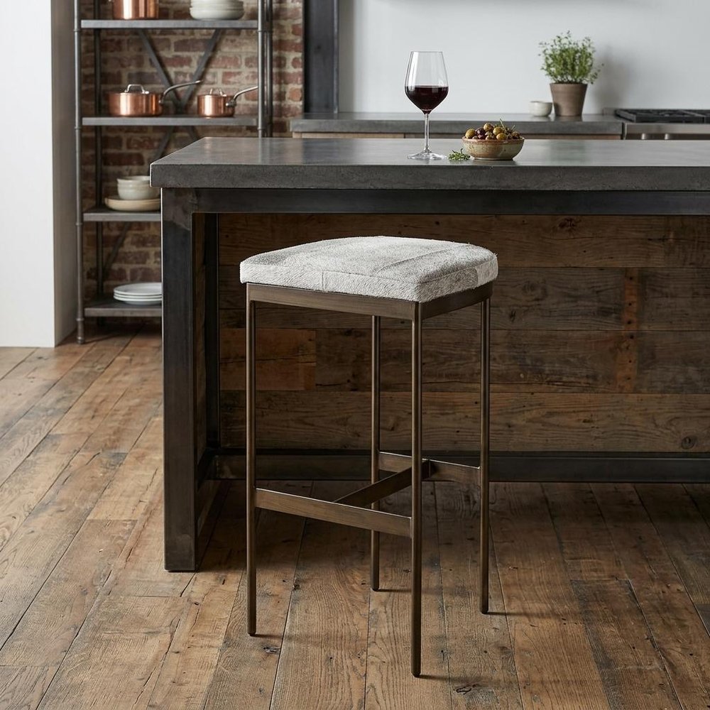 35" Gray And Gold Leather And Hair on Hide Leather And Metal Backless Counter Height Bar Chair