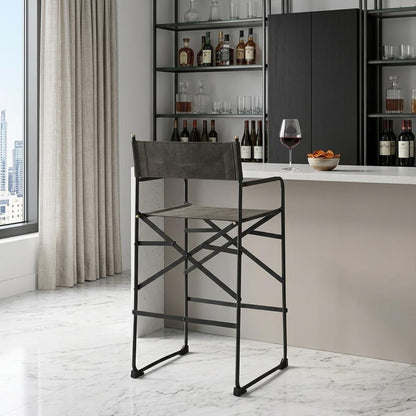 30" Brown And Black Leather And Metal Bar Chair