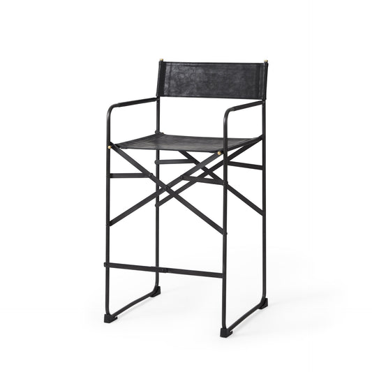 29" Black Leather And Iron Bar Chair