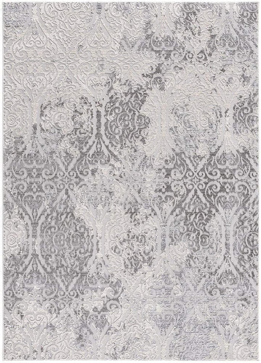 5' X 8' Gray And Ivory Damask Area Rug