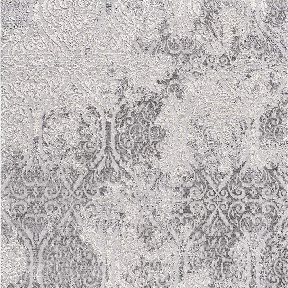 5' X 8' Gray And Ivory Damask Area Rug
