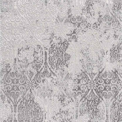 5' X 8' Gray And Ivory Damask Area Rug