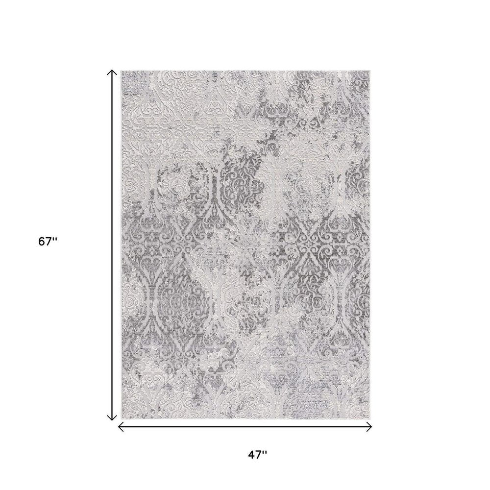 5' X 8' Gray And Ivory Damask Area Rug