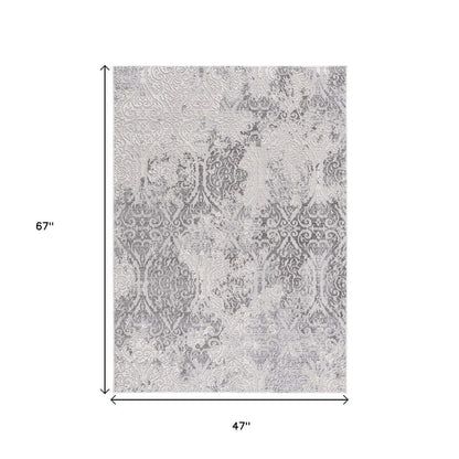 5' X 8' Gray And Ivory Damask Area Rug