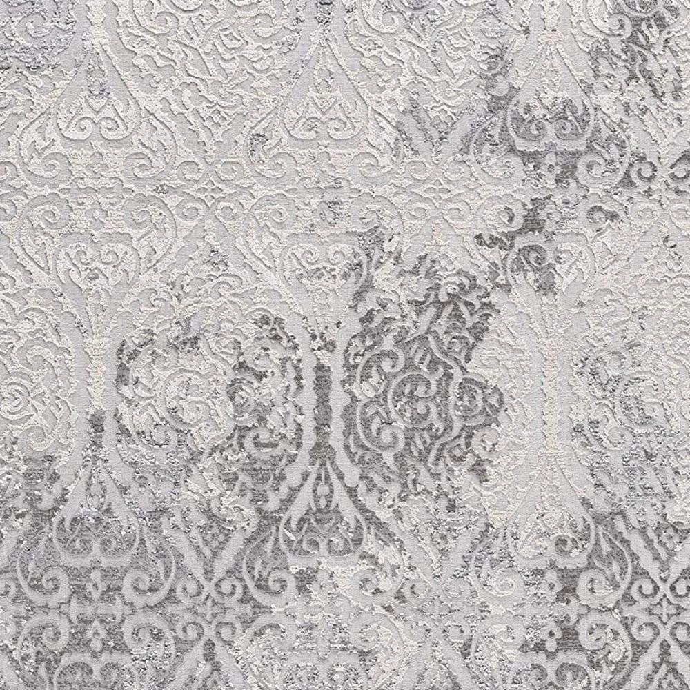 5' X 8' Gray And Ivory Damask Area Rug