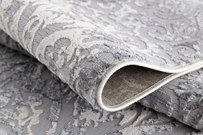 5' X 8' Gray And Ivory Damask Area Rug
