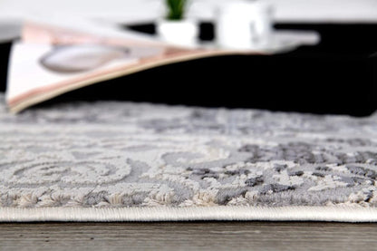 5' X 8' Gray And Ivory Damask Area Rug