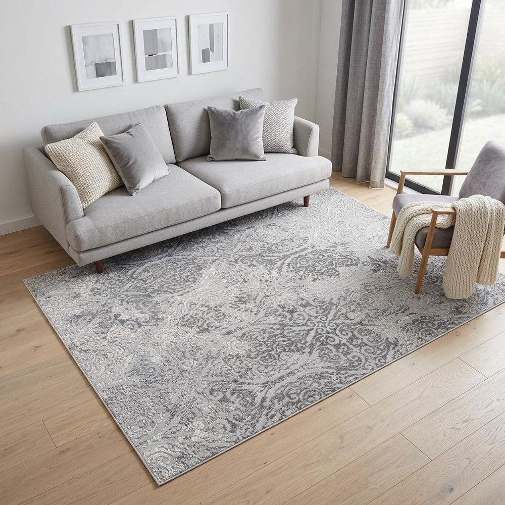 5' X 8' Gray And Ivory Damask Area Rug