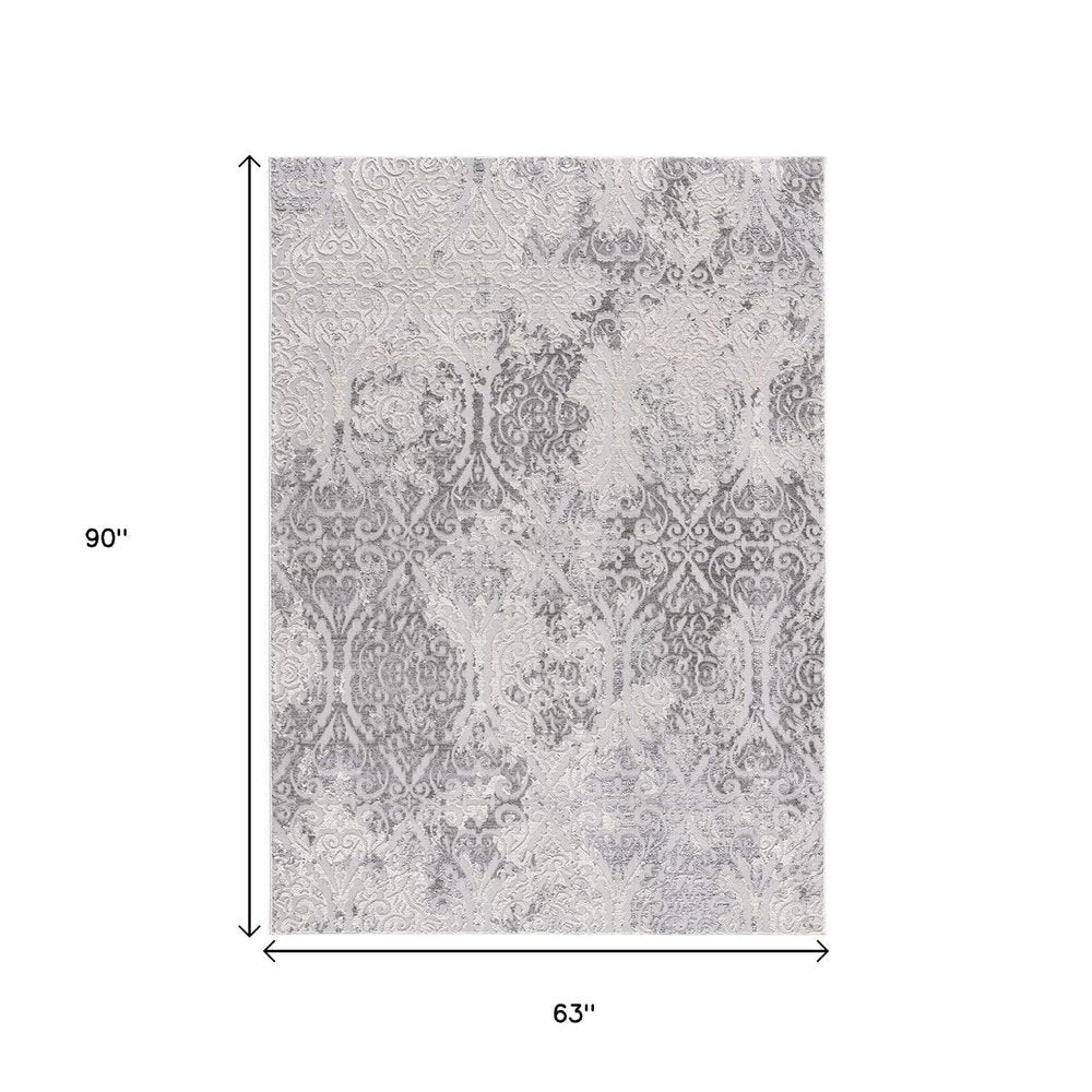 5' X 8' Gray And Ivory Damask Area Rug