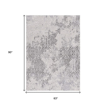 5' X 8' Gray And Ivory Damask Area Rug