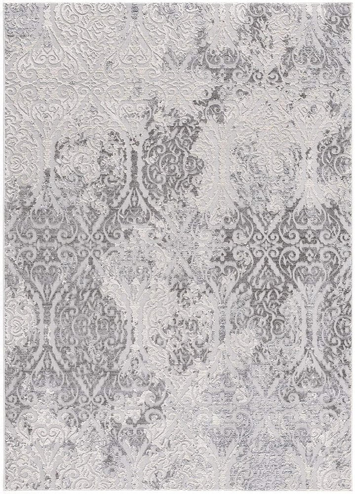 5' X 8' Gray And Ivory Damask Area Rug