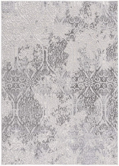 5' X 8' Gray And Ivory Damask Area Rug