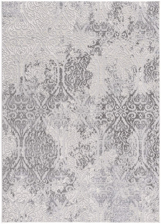 7' X 10' Cream And Gray Tinted Ogee Pattern Area Rug