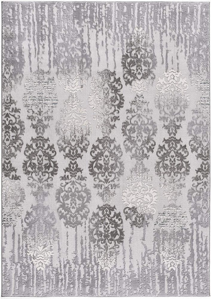 5' X 7' Gray And Ivory Damask Area Rug