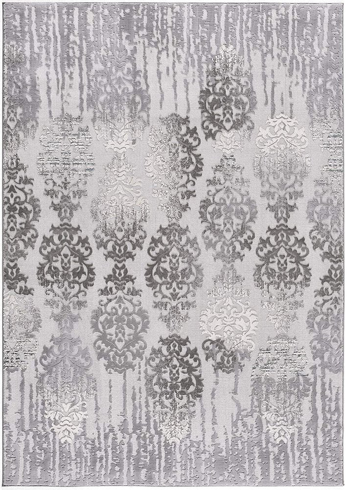 5' X 7' Gray And Ivory Damask Area Rug