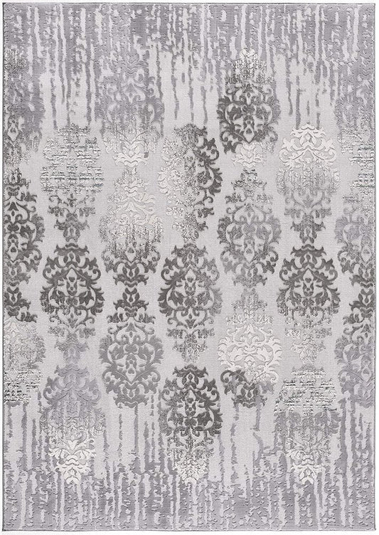5' X 7' Gray And Ivory Damask Area Rug