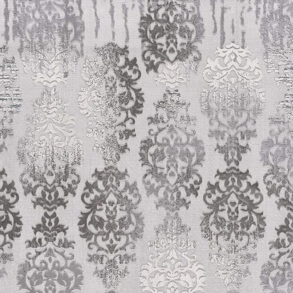 5' X 7' Gray And Ivory Damask Area Rug
