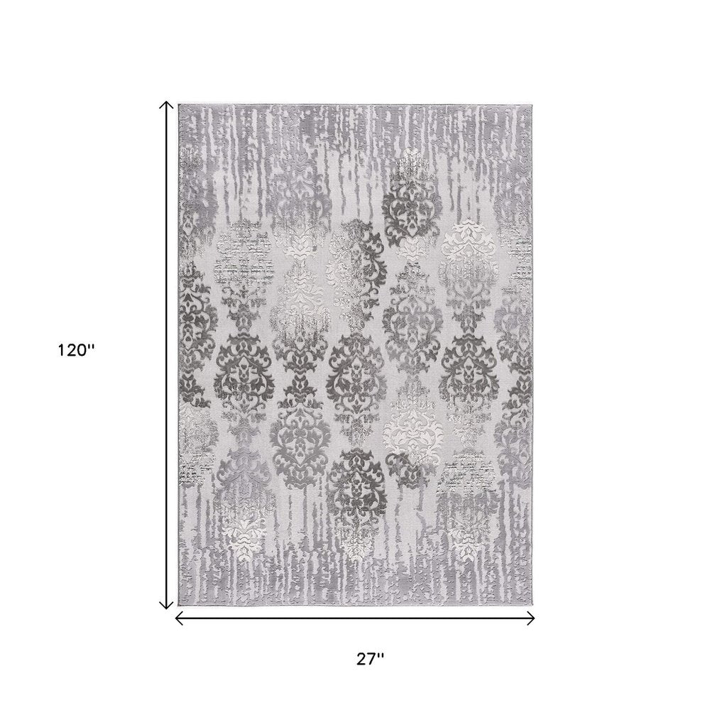 5' X 7' Gray And Ivory Damask Area Rug